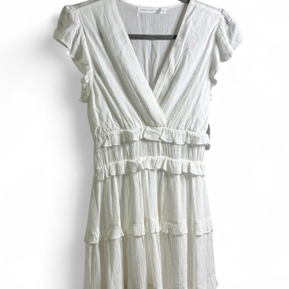 Altar'd state Mini/ Midi White Dress with sleeve cap details and ruffles | Small